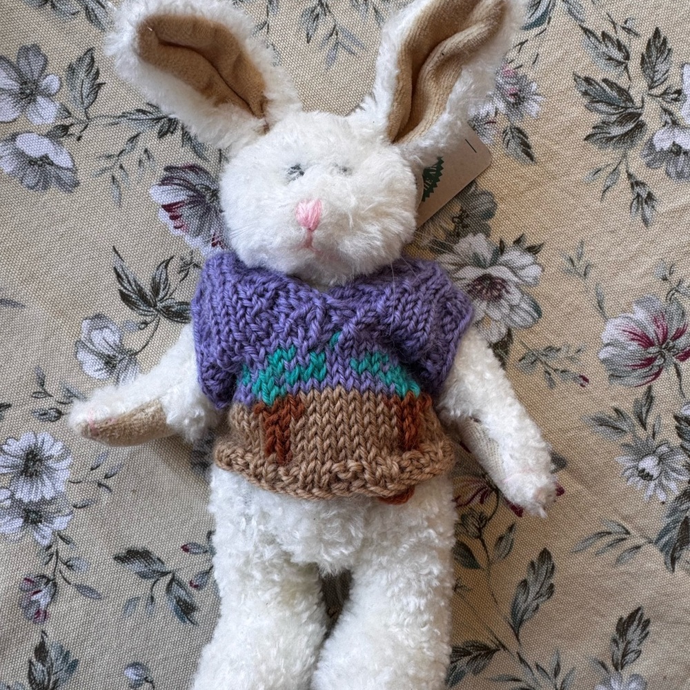Boyds Bears White Plush Bunny with Lavender and Teal Knit Hat
